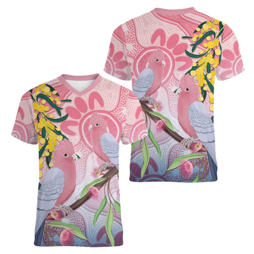 Australia Galah Women V-Neck T-Shirt Gumblossoms Golden Wattle Aboriginal Art