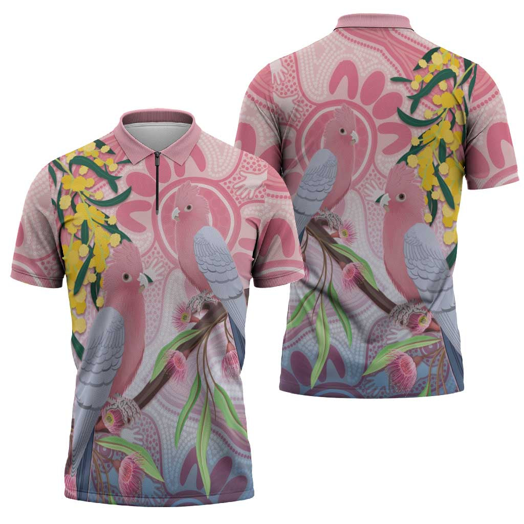 Australia Galah Zipper Polo Shirt Gumblossoms Golden Wattle Aboriginal Art - Aussie Hoodie