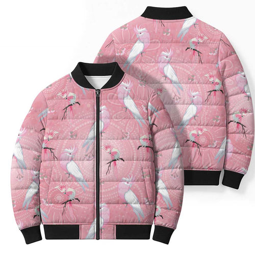 Galah and Gumblossoms Australia Bomber Puffer Jacket Seamless Style Aboriginal Art - Aussie Hoodie