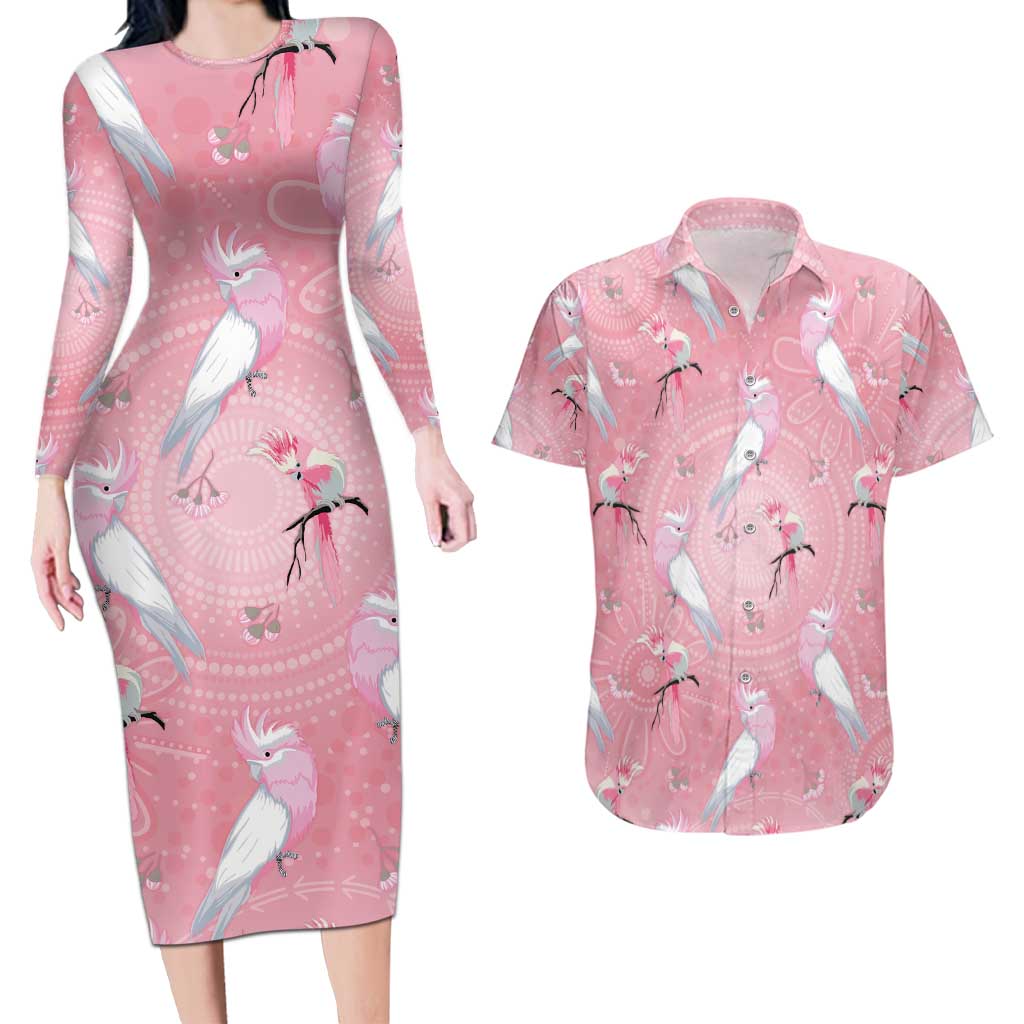 Galah and Gumblossoms Australia Couples Matching Long Sleeve Bodycon Dress and Hawaiian Shirt Seamless Style Aboriginal Art