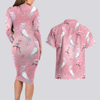 Galah and Gumblossoms Australia Couples Matching Long Sleeve Bodycon Dress and Hawaiian Shirt Seamless Style Aboriginal Art