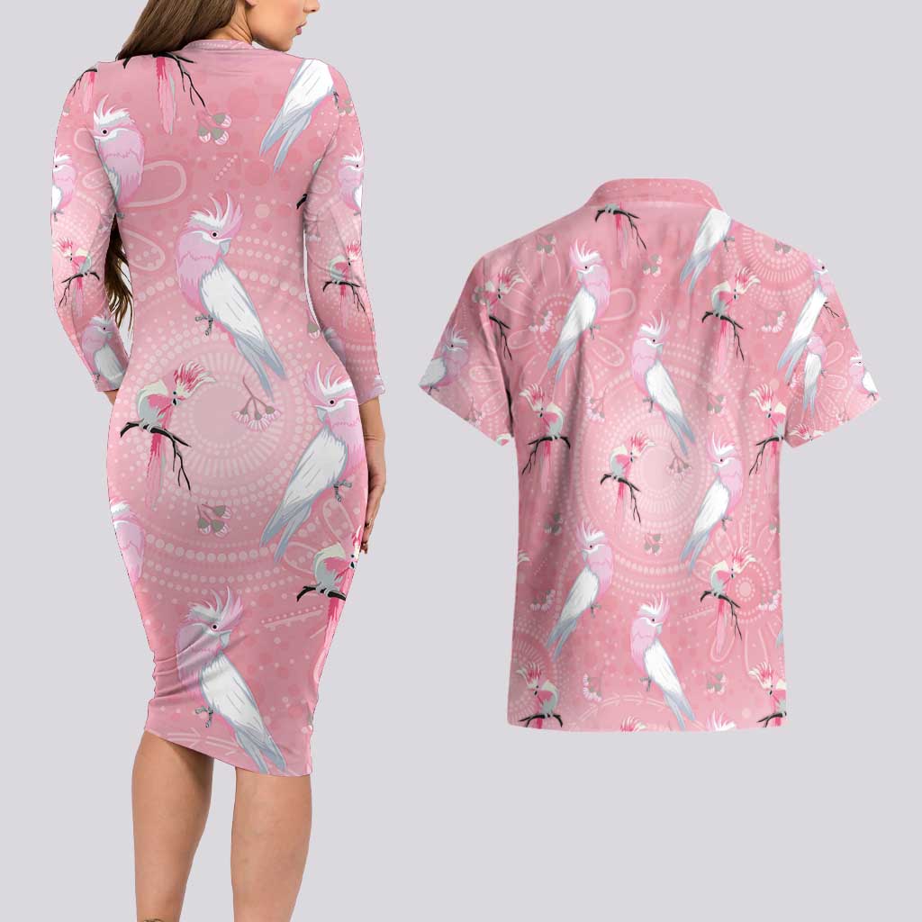 Galah and Gumblossoms Australia Couples Matching Long Sleeve Bodycon Dress and Hawaiian Shirt Seamless Style Aboriginal Art