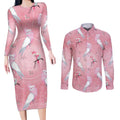 Galah and Gumblossoms Australia Couples Matching Long Sleeve Bodycon Dress and Long Sleeve Button Shirt Seamless Style Aboriginal Art