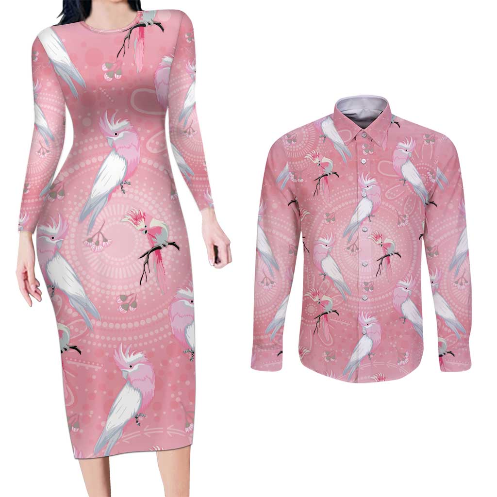 Galah and Gumblossoms Australia Couples Matching Long Sleeve Bodycon Dress and Long Sleeve Button Shirt Seamless Style Aboriginal Art