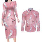 Galah and Gumblossoms Australia Couples Matching Long Sleeve Bodycon Dress and Long Sleeve Button Shirt Seamless Style Aboriginal Art