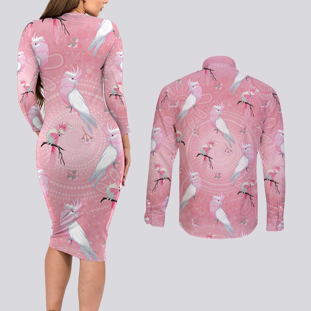 Galah and Gumblossoms Australia Couples Matching Long Sleeve Bodycon Dress and Long Sleeve Button Shirt Seamless Style Aboriginal Art