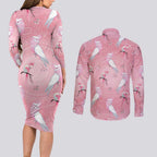Galah and Gumblossoms Australia Couples Matching Long Sleeve Bodycon Dress and Long Sleeve Button Shirt Seamless Style Aboriginal Art