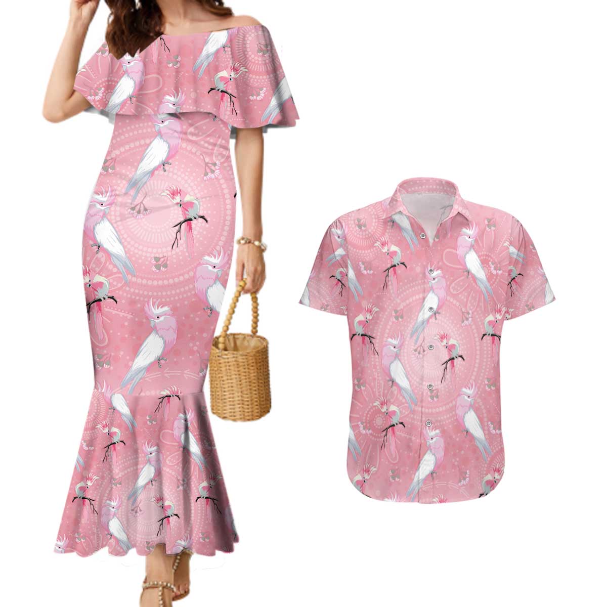 Galah and Gumblossoms Australia Couples Matching Mermaid Dress and Hawaiian Shirt Seamless Style Aboriginal Art