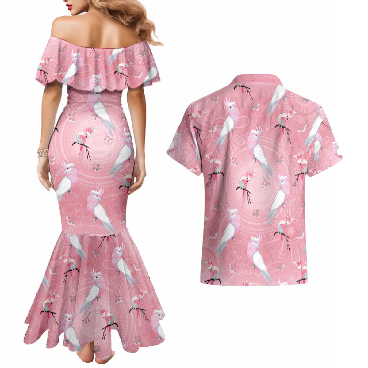 Galah and Gumblossoms Australia Couples Matching Mermaid Dress and Hawaiian Shirt Seamless Style Aboriginal Art