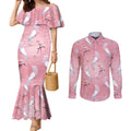 Galah and Gumblossoms Australia Couples Matching Mermaid Dress and Long Sleeve Button Shirt Seamless Style Aboriginal Art