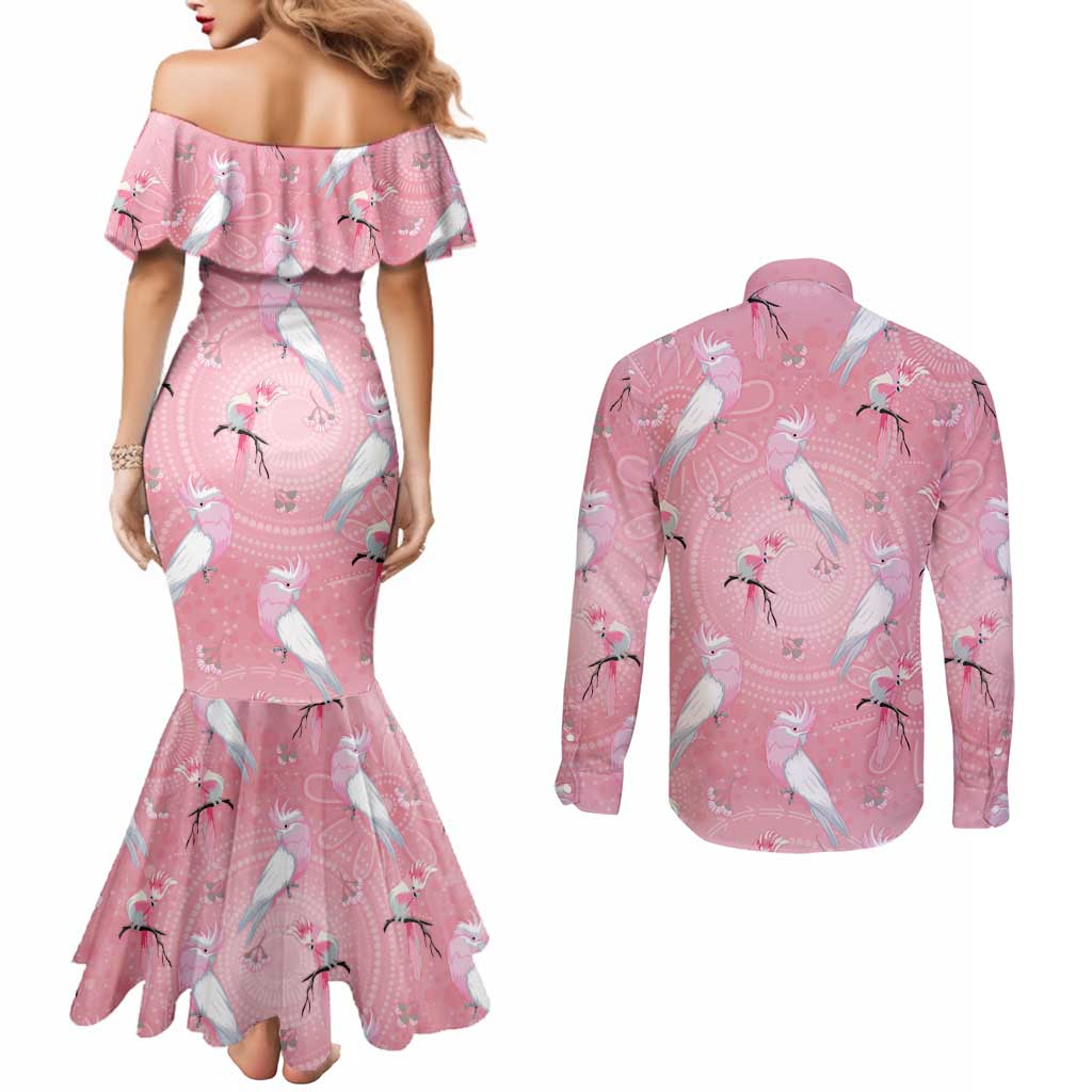 Galah and Gumblossoms Australia Couples Matching Mermaid Dress and Long Sleeve Button Shirt Seamless Style Aboriginal Art
