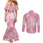 Galah and Gumblossoms Australia Couples Matching Mermaid Dress and Long Sleeve Button Shirt Seamless Style Aboriginal Art