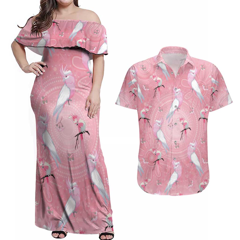 Galah and Gumblossoms Australia Couples Matching Off Shoulder Maxi Dress and Hawaiian Shirt Seamless Style Aboriginal Art