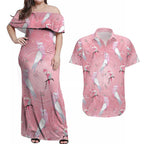Galah and Gumblossoms Australia Couples Matching Off Shoulder Maxi Dress and Hawaiian Shirt Seamless Style Aboriginal Art