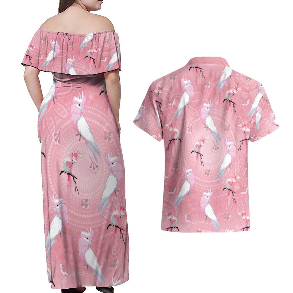 Galah and Gumblossoms Australia Couples Matching Off Shoulder Maxi Dress and Hawaiian Shirt Seamless Style Aboriginal Art