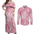 Galah and Gumblossoms Australia Couples Matching Off Shoulder Maxi Dress and Long Sleeve Button Shirt Seamless Style Aboriginal Art
