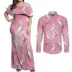 Galah and Gumblossoms Australia Couples Matching Off Shoulder Maxi Dress and Long Sleeve Button Shirt Seamless Style Aboriginal Art