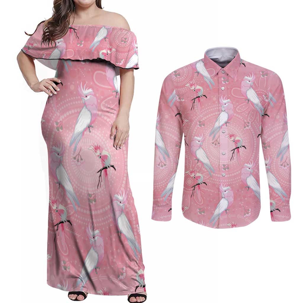 Galah and Gumblossoms Australia Couples Matching Off Shoulder Maxi Dress and Long Sleeve Button Shirt Seamless Style Aboriginal Art