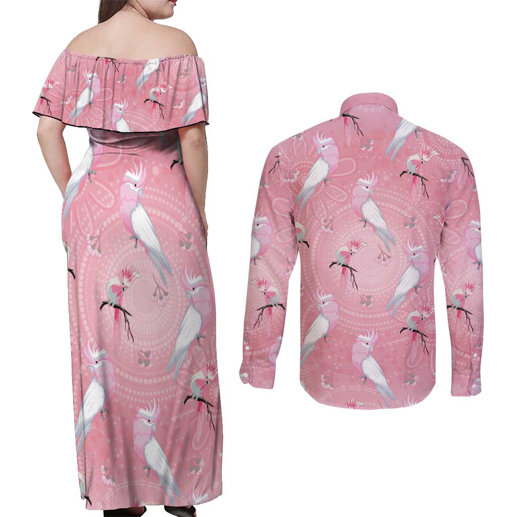 Galah and Gumblossoms Australia Couples Matching Off Shoulder Maxi Dress and Long Sleeve Button Shirt Seamless Style Aboriginal Art