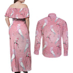 Galah and Gumblossoms Australia Couples Matching Off Shoulder Maxi Dress and Long Sleeve Button Shirt Seamless Style Aboriginal Art