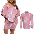Galah and Gumblossoms Australia Couples Matching Off Shoulder Short Dress and Long Sleeve Button Shirt Seamless Style Aboriginal Art