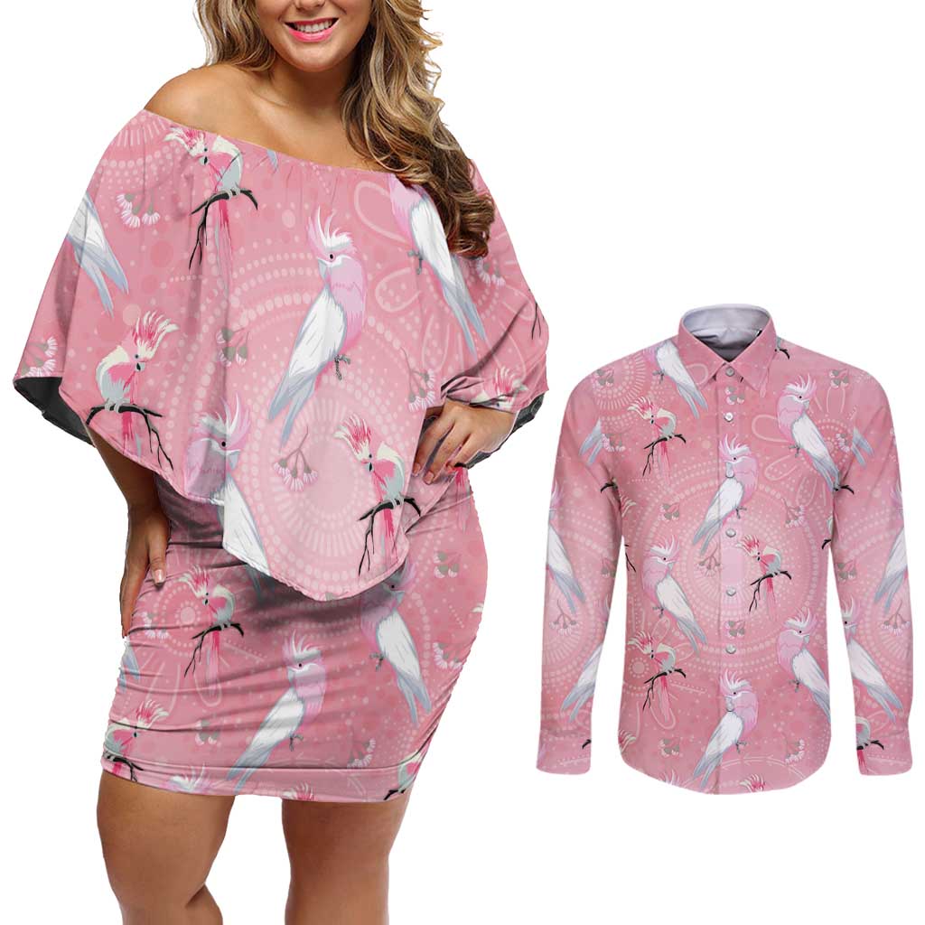 Galah and Gumblossoms Australia Couples Matching Off Shoulder Short Dress and Long Sleeve Button Shirt Seamless Style Aboriginal Art
