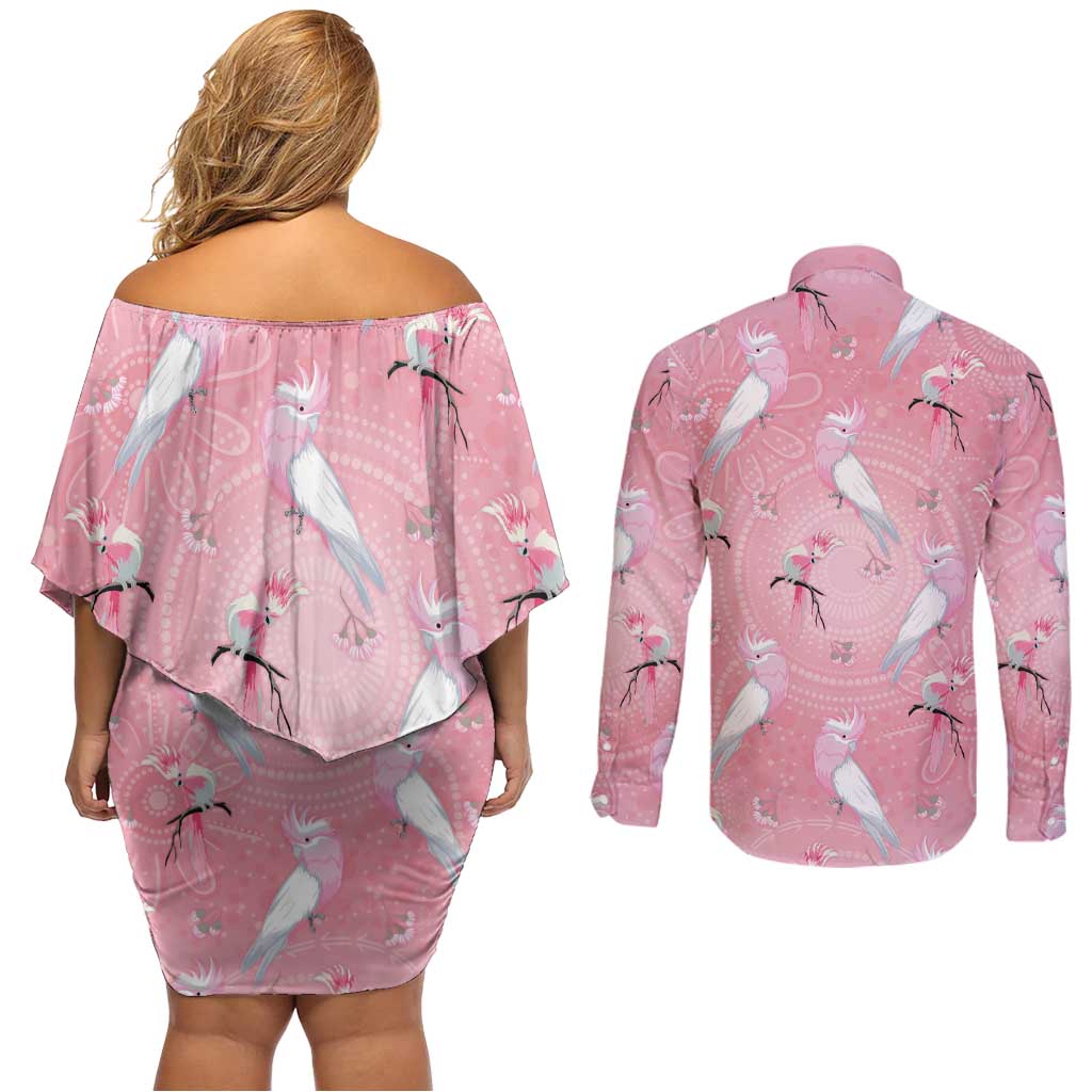 Galah and Gumblossoms Australia Couples Matching Off Shoulder Short Dress and Long Sleeve Button Shirt Seamless Style Aboriginal Art