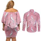 Galah and Gumblossoms Australia Couples Matching Off Shoulder Short Dress and Long Sleeve Button Shirt Seamless Style Aboriginal Art