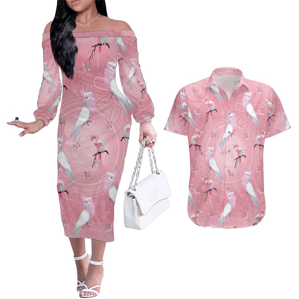 Galah and Gumblossoms Australia Couples Matching Off The Shoulder Long Sleeve Dress and Hawaiian Shirt Seamless Style Aboriginal Art