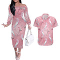 Galah and Gumblossoms Australia Couples Matching Off The Shoulder Long Sleeve Dress and Hawaiian Shirt Seamless Style Aboriginal Art