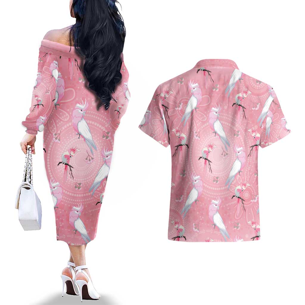 Galah and Gumblossoms Australia Couples Matching Off The Shoulder Long Sleeve Dress and Hawaiian Shirt Seamless Style Aboriginal Art
