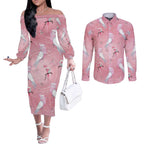Galah and Gumblossoms Australia Couples Matching Off The Shoulder Long Sleeve Dress and Long Sleeve Button Shirt Seamless Style Aboriginal Art