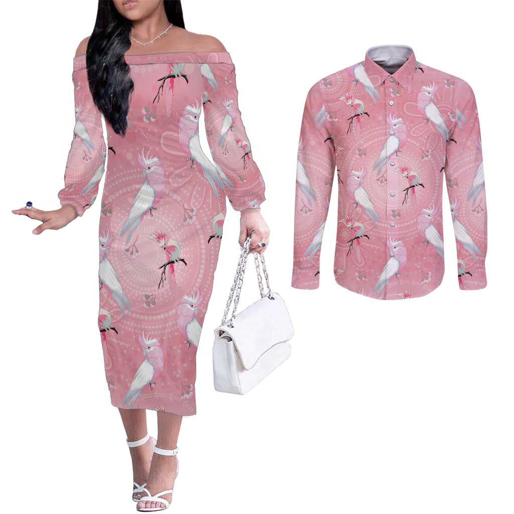 Galah and Gumblossoms Australia Couples Matching Off The Shoulder Long Sleeve Dress and Long Sleeve Button Shirt Seamless Style Aboriginal Art