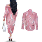 Galah and Gumblossoms Australia Couples Matching Off The Shoulder Long Sleeve Dress and Long Sleeve Button Shirt Seamless Style Aboriginal Art
