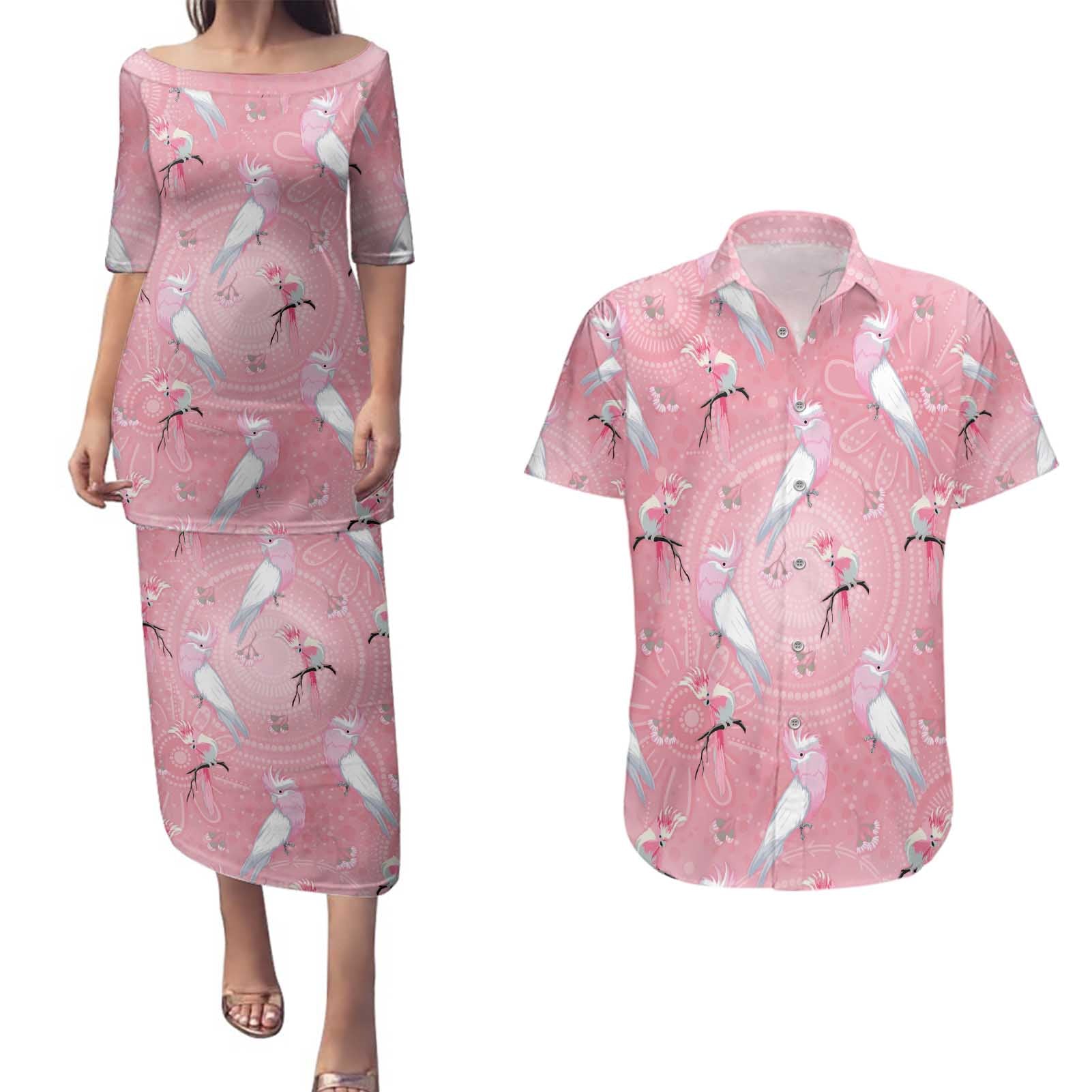 Galah and Gumblossoms Australia Couples Matching Puletasi and Hawaiian Shirt Seamless Style Aboriginal Art