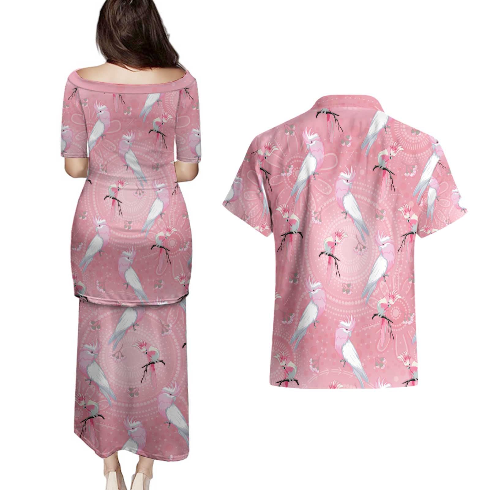 Galah and Gumblossoms Australia Couples Matching Puletasi and Hawaiian Shirt Seamless Style Aboriginal Art