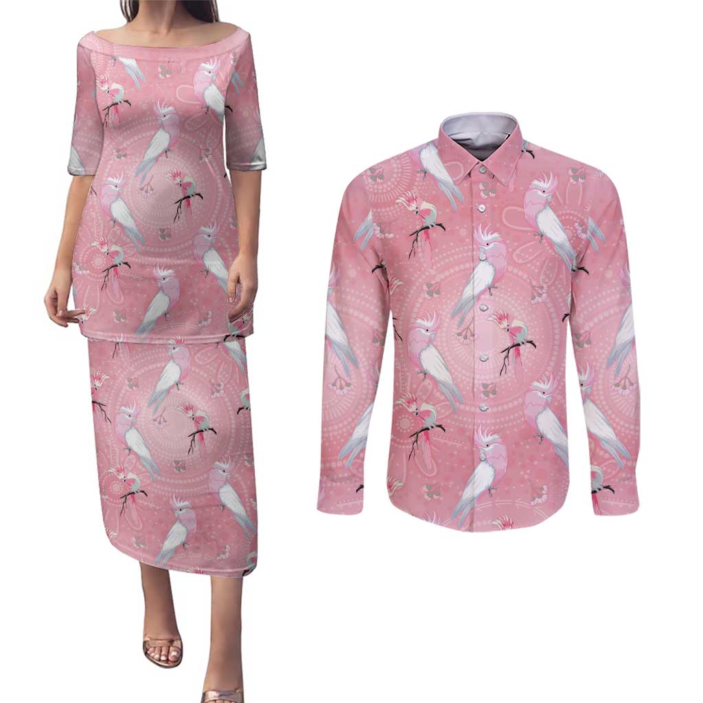 Galah and Gumblossoms Australia Couples Matching Puletasi and Long Sleeve Button Shirt Seamless Style Aboriginal Art