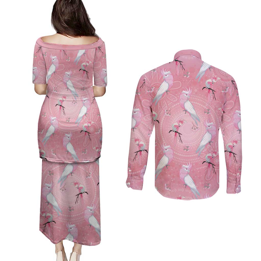 Galah and Gumblossoms Australia Couples Matching Puletasi and Long Sleeve Button Shirt Seamless Style Aboriginal Art