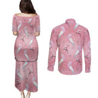 Galah and Gumblossoms Australia Couples Matching Puletasi and Long Sleeve Button Shirt Seamless Style Aboriginal Art