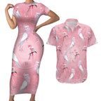 Galah and Gumblossoms Australia Couples Matching Short Sleeve Bodycon Dress and Hawaiian Shirt Seamless Style Aboriginal Art