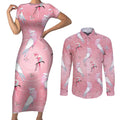 Galah and Gumblossoms Australia Couples Matching Short Sleeve Bodycon Dress and Long Sleeve Button Shirt Seamless Style Aboriginal Art