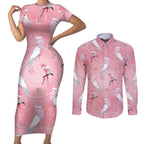 Galah and Gumblossoms Australia Couples Matching Short Sleeve Bodycon Dress and Long Sleeve Button Shirt Seamless Style Aboriginal Art