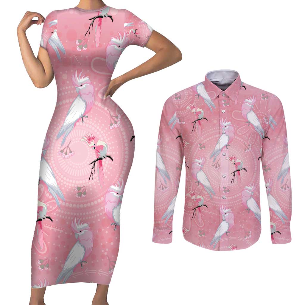 Galah and Gumblossoms Australia Couples Matching Short Sleeve Bodycon Dress and Long Sleeve Button Shirt Seamless Style Aboriginal Art