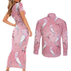 Galah and Gumblossoms Australia Couples Matching Short Sleeve Bodycon Dress and Long Sleeve Button Shirt Seamless Style Aboriginal Art