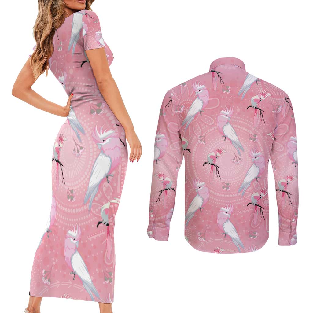 Galah and Gumblossoms Australia Couples Matching Short Sleeve Bodycon Dress and Long Sleeve Button Shirt Seamless Style Aboriginal Art