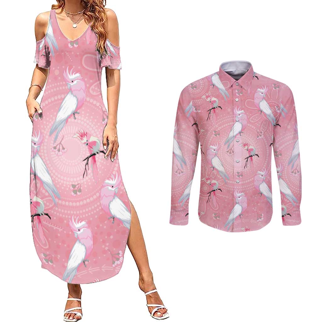 Galah and Gumblossoms Australia Couples Matching Summer Maxi Dress and Long Sleeve Button Shirt Seamless Style Aboriginal Art