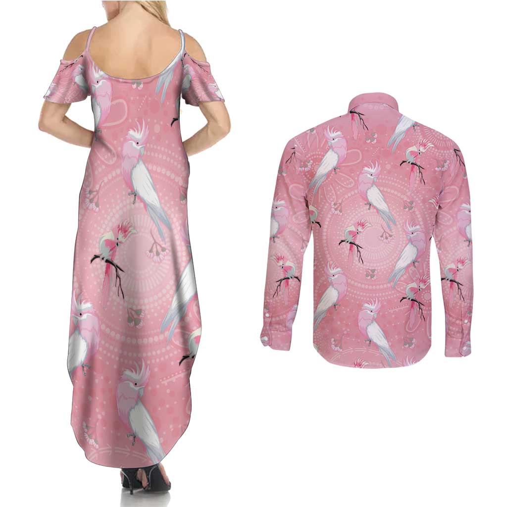 Galah and Gumblossoms Australia Couples Matching Summer Maxi Dress and Long Sleeve Button Shirt Seamless Style Aboriginal Art