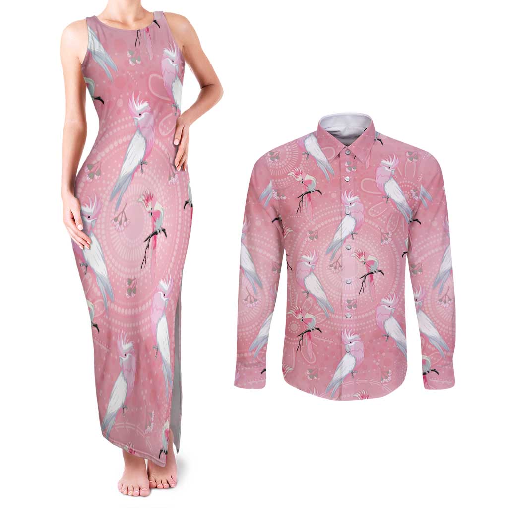 Galah and Gumblossoms Australia Couples Matching Tank Maxi Dress and Long Sleeve Button Shirt Seamless Style Aboriginal Art