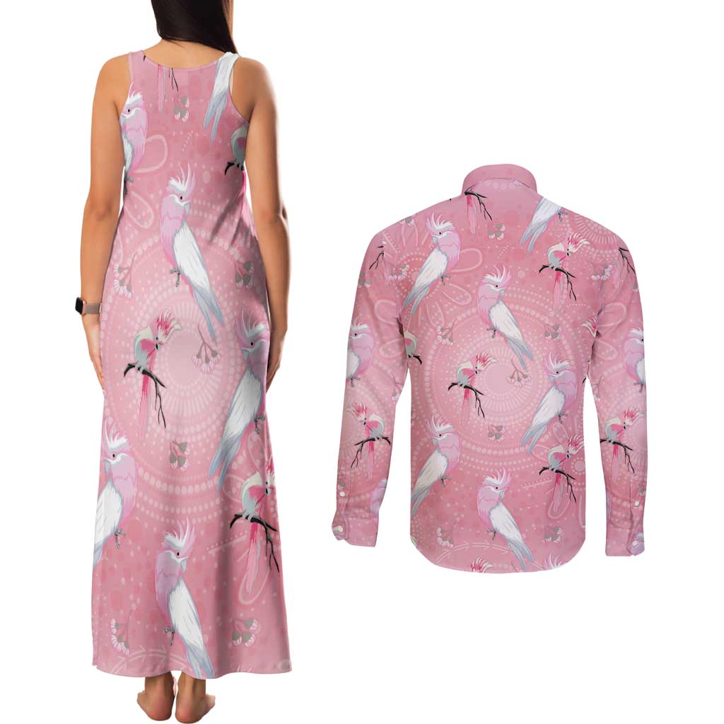 Galah and Gumblossoms Australia Couples Matching Tank Maxi Dress and Long Sleeve Button Shirt Seamless Style Aboriginal Art