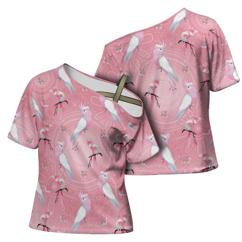 Galah and Gumblossoms Australia Cross Shoulder Shirt Seamless Style Aboriginal Art - Aussie Hoodie